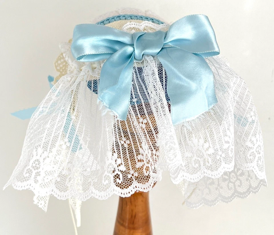 Civil War Victorian Reenactment Reproduction Womens Day Cap Hat Blue & White - Image 4 of 4