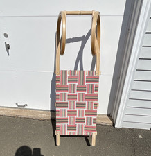 Wooden Sled with Woven Webbing Seat, Red White Tan Stripe Pattern