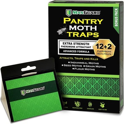MAXGUARD Pantry Moth Traps (12 Pack +2 Free) with Extra Strength Green
