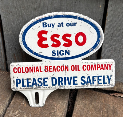 1940s COLONIAL BEACON OIL ~ BOSTON MA Esso Gas Auto License Plate Topper Sign