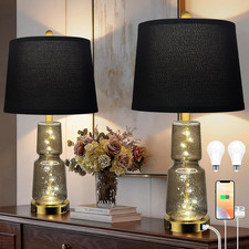 Set of 2 Glass Table Lamps with USB Ports  3-Color Temperature Adjustable
