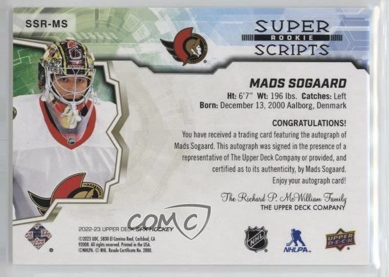 2022-23 SPx Rookie Superscripts Gold /49 Mads Sogaard #SSR-MS Auto RC - Image 2 of 2