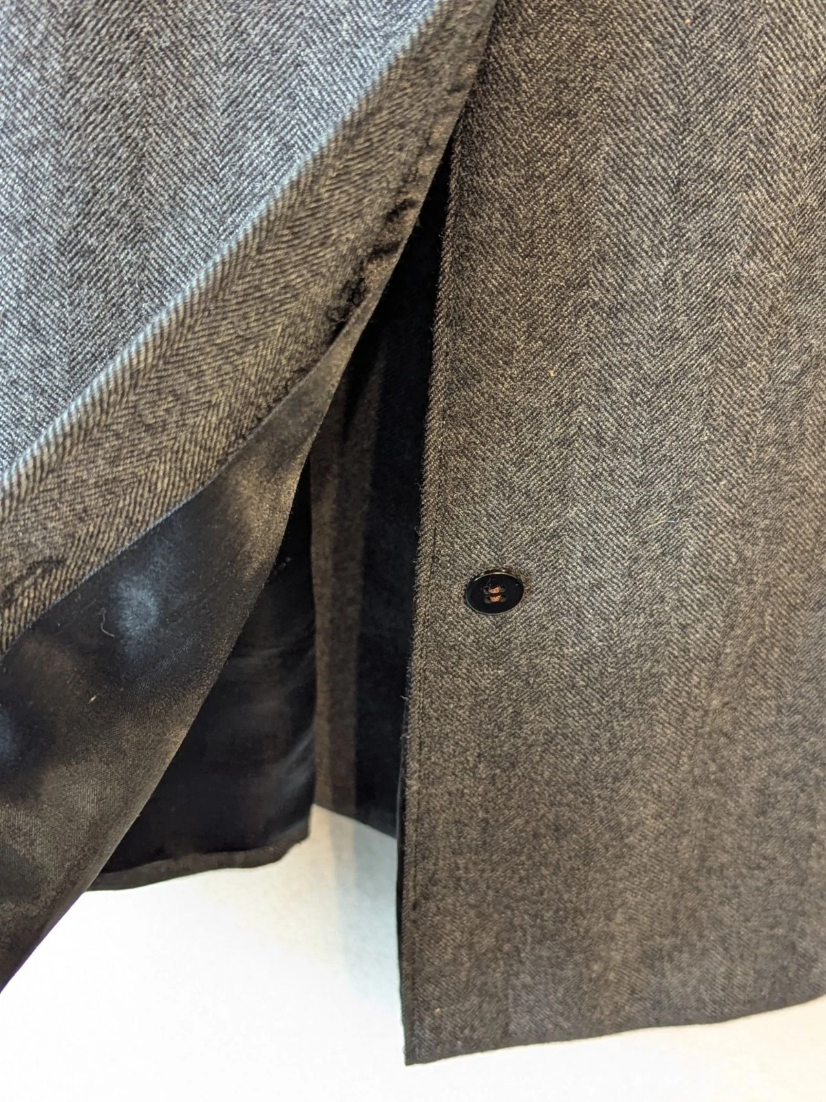 Vintage Men Wool Overcoat 42 R Charcoal Grey Herringbone Dewmoor Malcolm Kenneth image 12