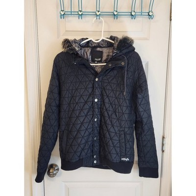 Volcom Long Sleeve Quilted Jacket Y2K Fur Hood Size XL Black #1420