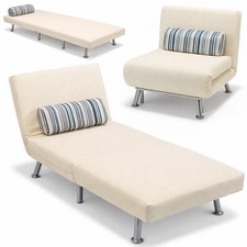 Poltrona Divano Letto 1 Posto Singolo in Ferro e Tessuto Reclinabile 75x73 Crema