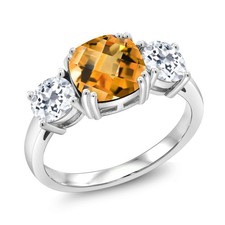 925 Sterling Silver Citrine and White Topaz 3 Stone Engagement Ring For Women