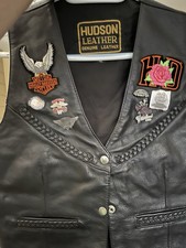 Hudson Leather Black Leather Vest Size L Harley-Davidson Patches Biker