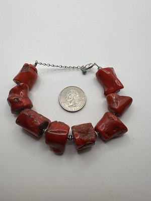 Red Coral Chunky Nugget Bracelet 8 Inches With Extender