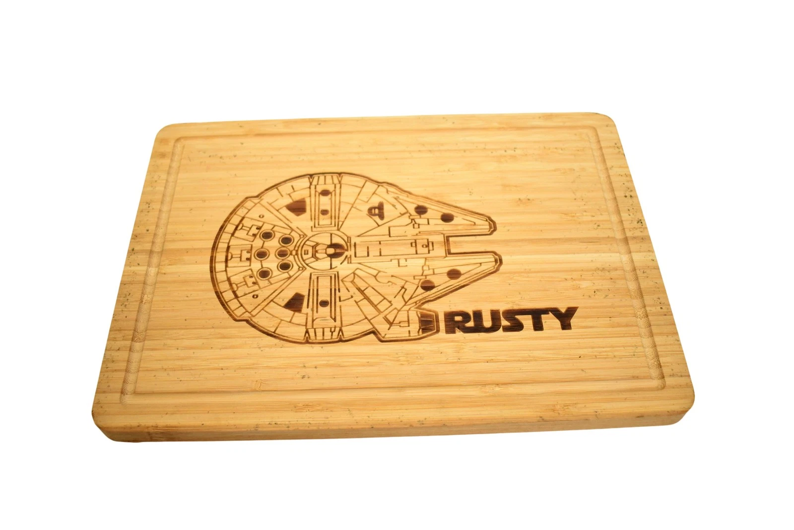 Rusty Bamboo Cutting Board Medium Brown Rectangle Spaceship Design Kitchen Gift