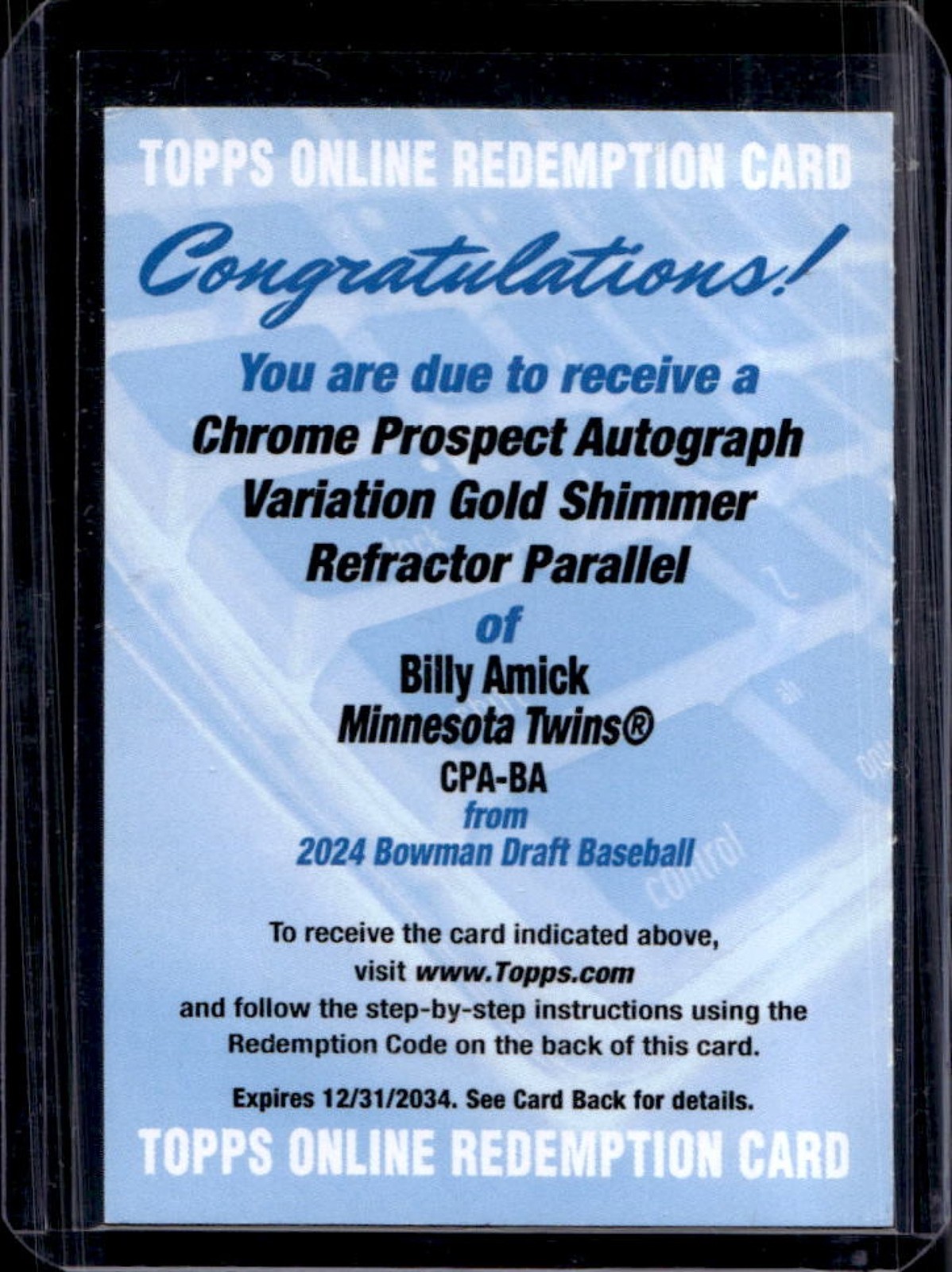 2024 Bowman Draft Billy Amick Chrome Auto Gold Shimmer Refractor 1st #/50 Twins