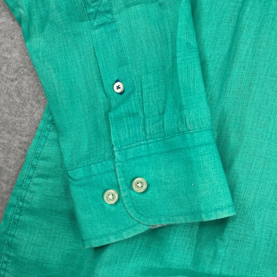 Hickey Freeman Shirt Large Green Linen Flip Cuff Button Up Long Sleeve Preppy - Image 3 of 4