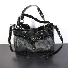Francesco Biasia Black Raffia Patent Leather Buckle Satchel Shoulder Bag Purse