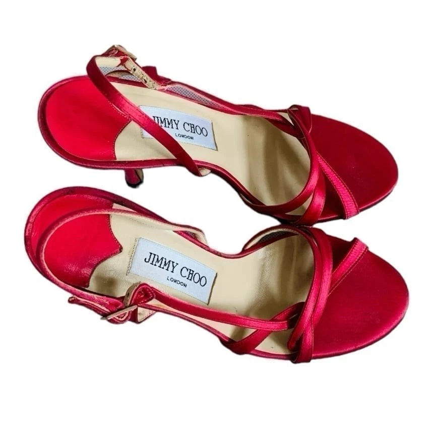 Tacones de aguja JIMMY CHOO rosa fucsia satinado punta abierta para mujer talla 6,5 Foto 3 de 4