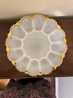 Vintage Anchor Hocking Milk Glass Deviled Egg Plate with Gold Trim Ornate Bottom
