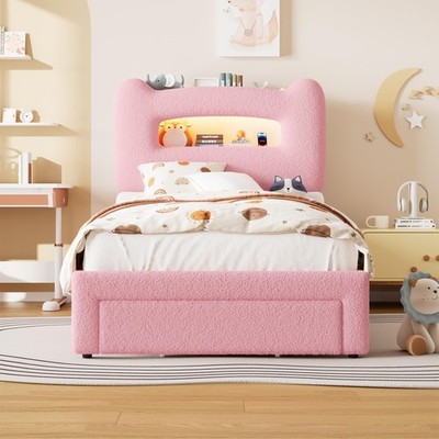 Twin Bed Frame LED Upholstered Platform w/ Storage Headboard & Charging Station