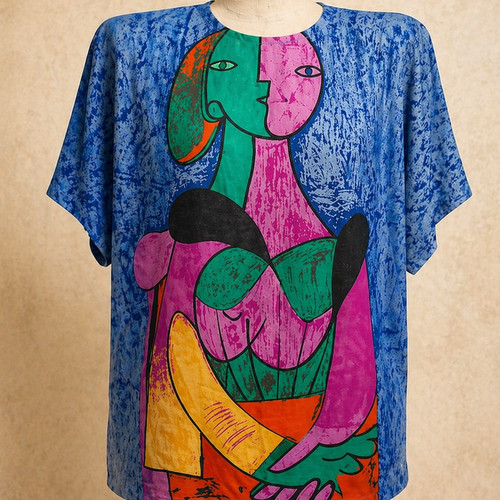 Vintage 80s Silk Picasso Abstract Oversized Shoulder Pads Statement
