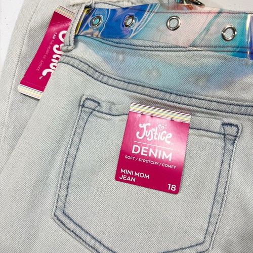 Justice Denim Mini Mom Soft Stretchy Comfy Pink Iridescent Heart Belt Size 18 - Picture 7 of 10