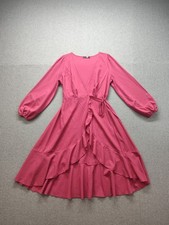 Boohoo Women Midi Dress 4 Pink Ruffle Tie Hi Low Hem Long Sleeve Comfort Outdoor