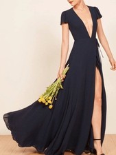 Reformation Navy Short-Sleeve Wrap Maxi Dress