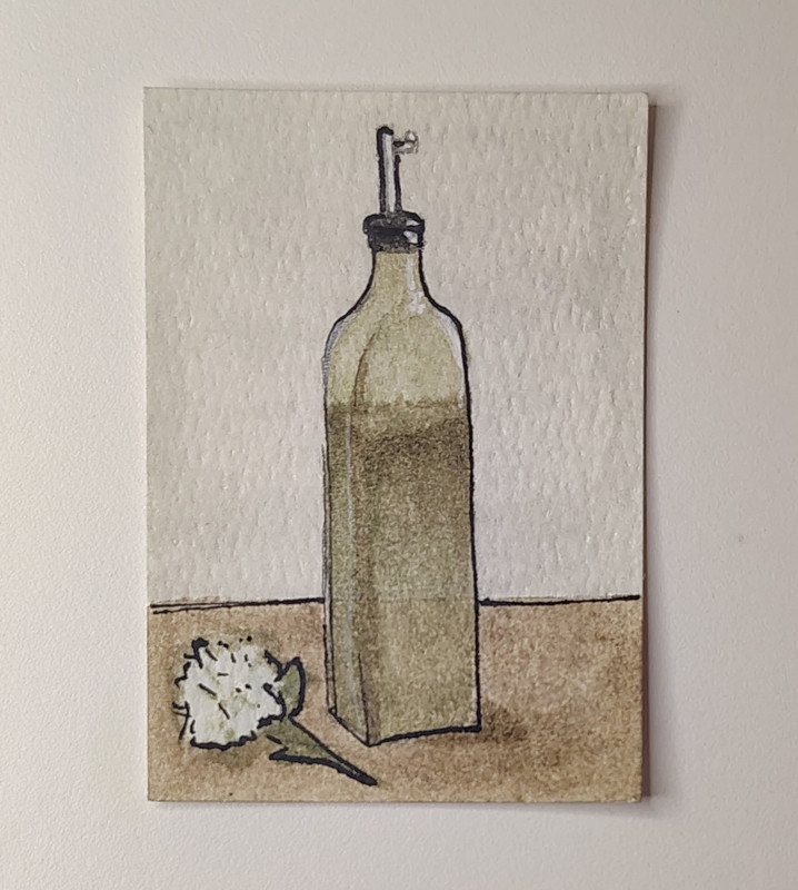 ACEO Original Olive Oil Bottle & Flower By LB_Says_Heyyy 2.5x3.5 Inches