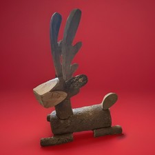 Rustic Handcrafted Wooden Reindeer Log Figurine Folk Art Christmas Decor