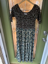 Natural Life Medium Smocked Tea Length Maxi Dress Boho Artisan Folk Brown Green
