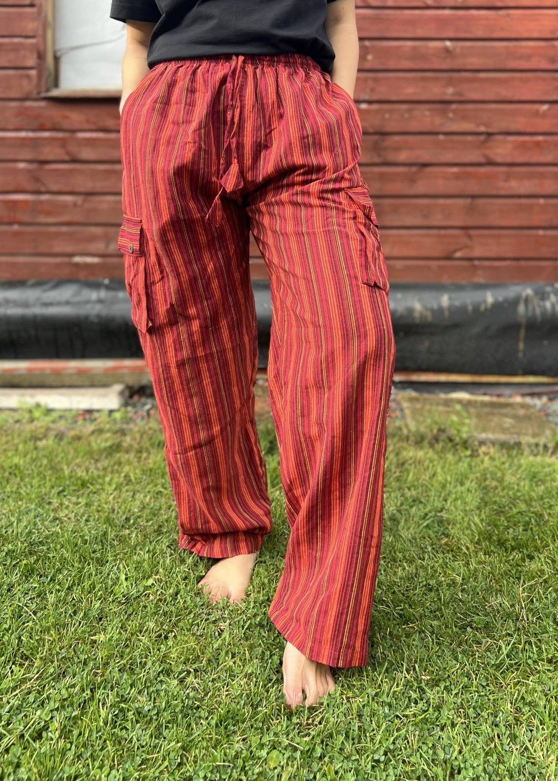 Red Lightweight Relaxed Boho Style Cotton Unisex Pants, Hippie stripe design
