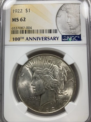 1922 Silver Peace Dollar NGC MS62 100th Anniversary Label #004