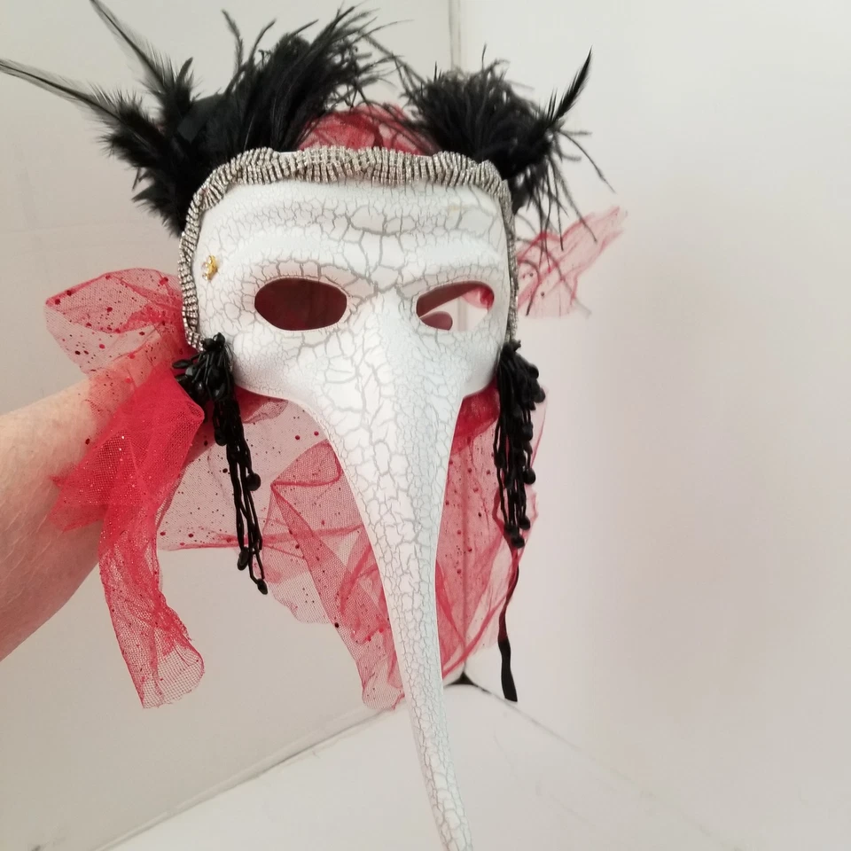 ADULT Venetian White Crackle Black Feathers Red Tulle Rhinestone  Beak Mask - Image 3 of 4