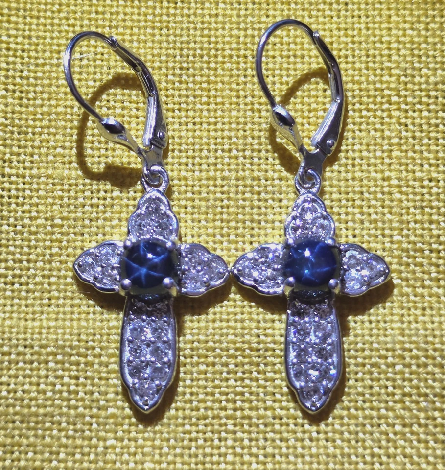 Blue Star Sapphire / White Zircon Cross Earrings in Platinum Sterling 4.00 ctw - Image 2 of 4