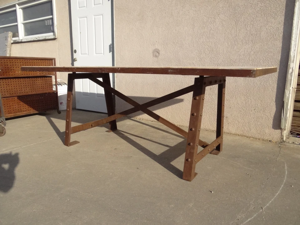 7 ft urban industrial metal wood dining room table rivet cast iron distressed B - Image 4 of 4