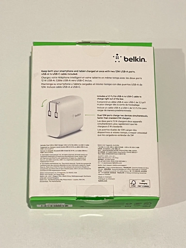 Cargador de Pared Doble USB-A Belkin WCE001dq1MWH BoostCharge 24W con Cable CAJA ABIERTA Foto 2 de 2
