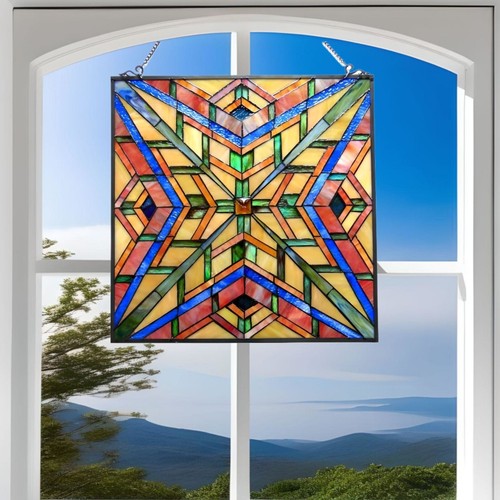 Mission Stained Glass Art Window Panel Suncatcher Multicolor Geometric 24x24in - Picture 3 of 6