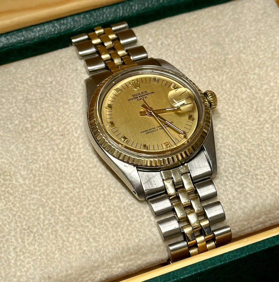 ROLEX GOLD SS OYSTER PERPETUAL DATE C.1974 W RARE GOLD DIAL 20K APR W COA