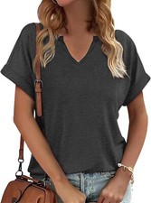 Womens V Neck Casual Loose T Shirt Summer Short Sleeve Comfy Tunic Top