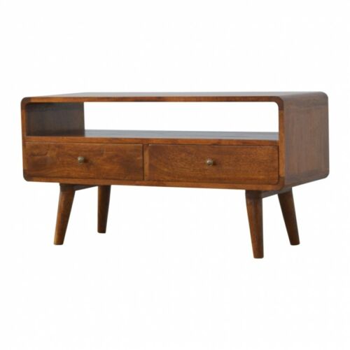 Handmade Solid Dark Wood 2 Drawer Curved Media TV Unit Scandi Style Furniture - Picture 1 of 6