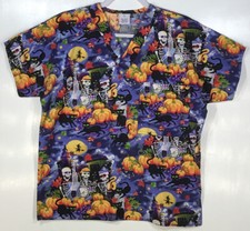Halloween Scrub Top womens size S Small Skeleton Band Haunted House Black Cats