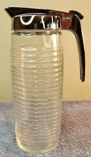 Vintage Valira Ribbed Clear Glass Pitcher, Chrome-Effect Handle, Slide Spout 10"