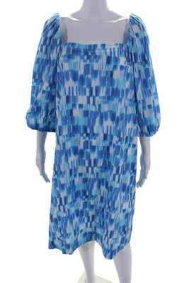 Marella Womens Cotton Cottage Print Long Sleeve A-Line Midi Dress Blue Size 12