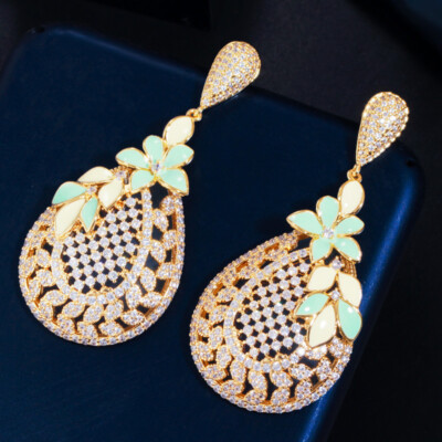 Super Silver Plated Cubic Zirconia Women Long Dangle Enamel Leaf Drop Earrings 