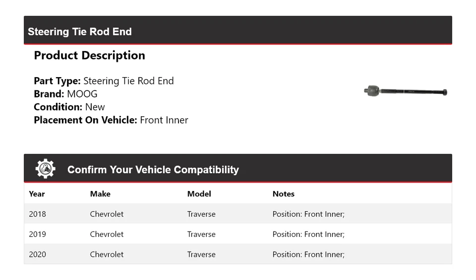 Para Chevrolet Traverse 2018-2020 extremo de barra de dirección interior delantero MOOG 2018 2019 Foto 2 de 4