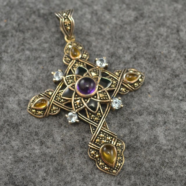 Pendant Cross Marcasite Sterling Multi Stone Large Religious eBay
