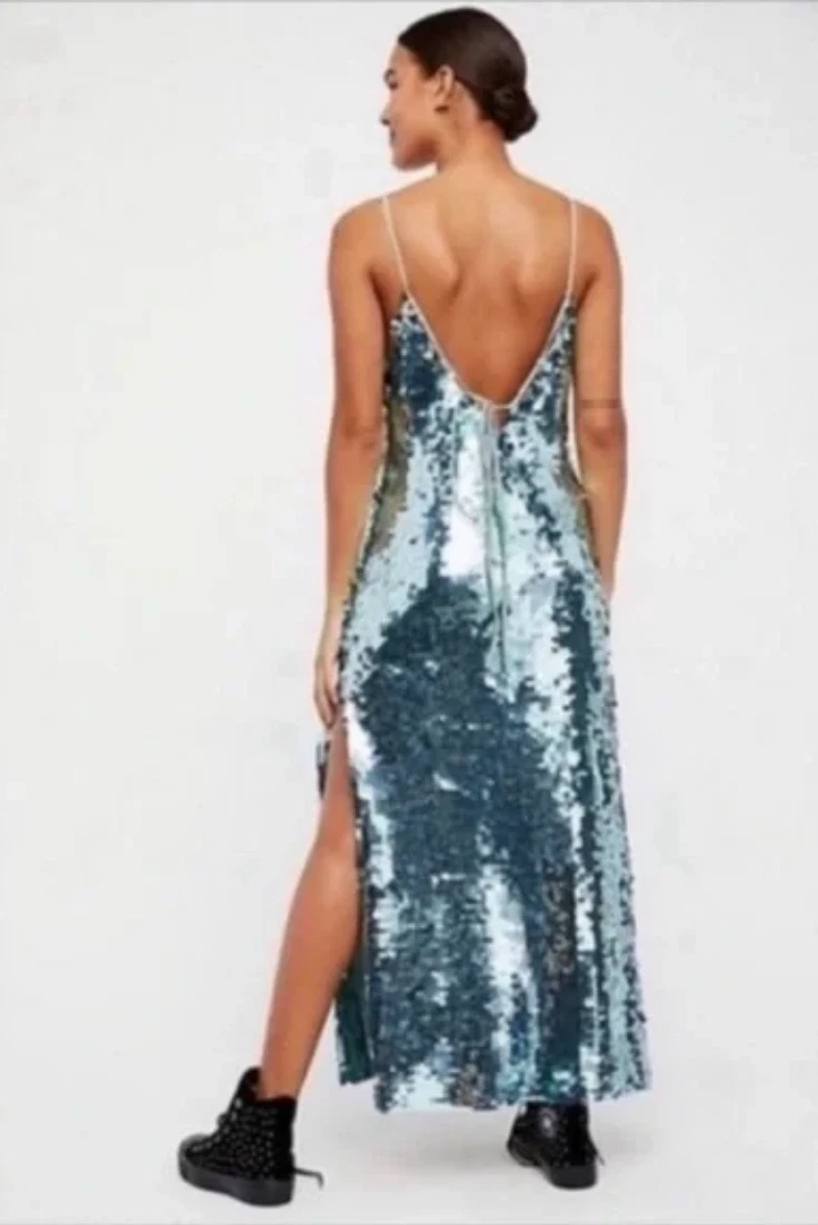 NEW XS Free People Paillette Party Midi Maxi Slip Dress Aqua Blue