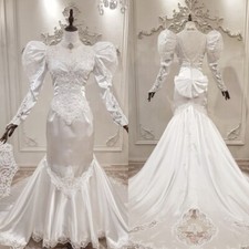 Victorian Wedding Dresses Satin Puffy Long Sleeve Mermaid with Bow Bridal Gowns