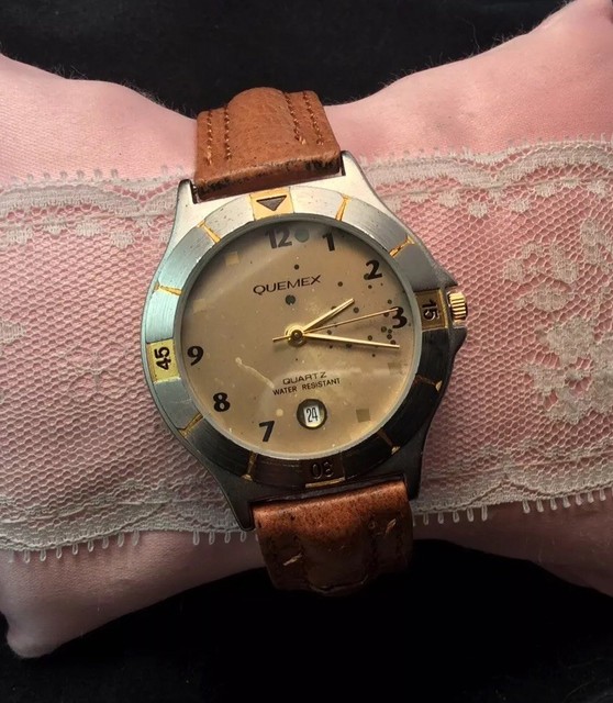 Quemex Quartz Wristwatch With Date Window And Brown Leather Band New
