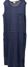Gap 100% Linen Sleeveless Maxi Dress Sz M Navy Blue Drawstring EUC