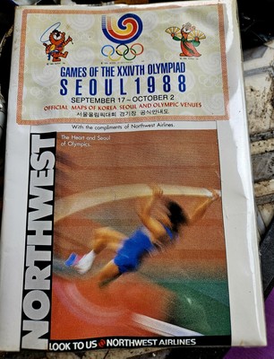  Vintage Northwest Airlines Olympic Maps Seoul Korea Hodori Tiger 1988