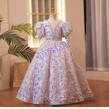 Girl Sequin Ball Gown Puff Sleeve Princess Pageant Elegant Formal Evening Dress