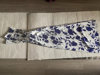 Women's White/Blue Floral Maxi Dress Square Neck Smocked Sleeveless Size M