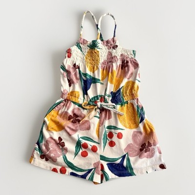 Tea Collection Girls Tropical Fruit Floral Romper Pineapple Sz 4 Smocked Pockets